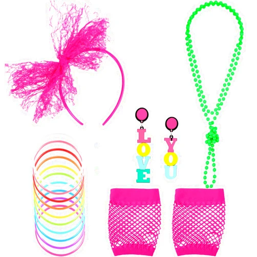 Blulu 80s Fancy Dress Costume Accessories Lace Headband Earrings Fishnet Gloves Necklace Bracelet for 80s Retro Party (Colorful)