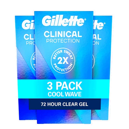 Gillette Clinical Antiperspirant and Deodorant for Men, 72hr Sweat & Odor Protection, Long Lasting Freshness, Anti-White Mark Technology, Clear Gel, Cool Wave Scent, 1.6 oz (Pack of 3)