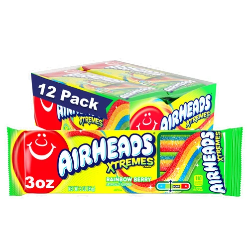 Airheads Xtremes Belts, Rainbow Berry Flavor, Sweetly Sour Candy, Non-Melting, Bulk Movie Theater and Party Bag, 3 Ounce (Pack of 12)