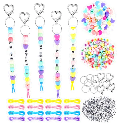 HIKIMA 574Pcs DIY Bead Keychain Kit, Letter Heart Shape Beads Key Ring Bag Charm Bracelet Supplies, Key Ring Accessories for Party Favor
