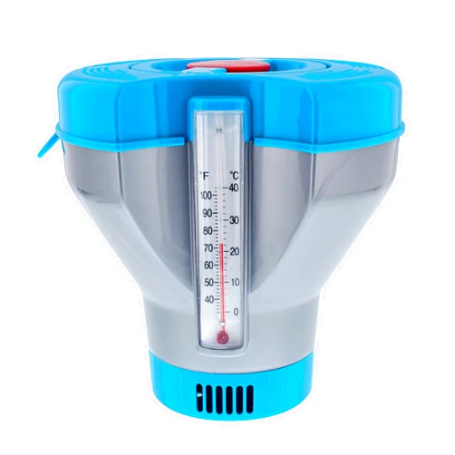 U.S. Pool Supply Deluxe Pool Chlorine Floater Dispenser with 100° F Thermometers on Each Side, Pop-Up Refill Indicator - Large Capacity Holds 3