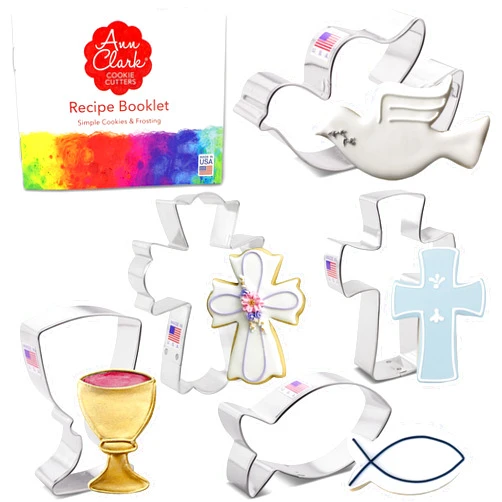 Ann Clark Cookie Cutters Communion Baptism Confirmation Easter Cookie Cutters 5-Pc. Set Made in the USA by Ann Clark, Chalice, Jesus Fish, Holy Cross, Dove, Fancy Cross