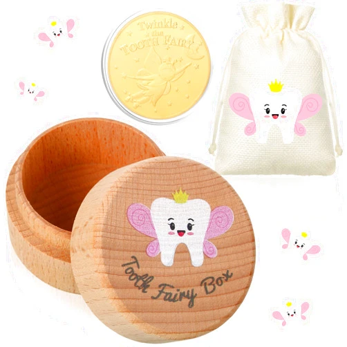 Equsion 3 Pcs Tooth Fairy Gifts for Girls and Boys Tooth Fairy Box Tooth Fairy Coin Tooth Fairy Unicorn Bag with Gold Foil Reward Coins Wood Baby Keepsake Box for Lost Teeth Kids Birthday Gift (Girls)