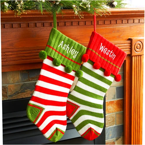 Personalized Planet Knit Christmas Stocking with Custom Name Embroidered | Green Cuff with Red Stripes and Pom Pom Accents | Fun Festive Christmas Home Décor | Ready to Hang