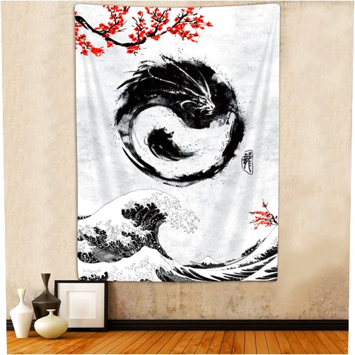 Sanzugh Japanese Anime Wave Sakura Tapestry, Black and White Yin Yang Chinese Dragon Art Tapestries Vertical Wall Hanging for Bedroom Living Room Office Decor 40X60