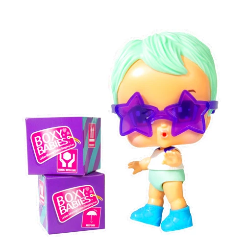 Boxy Babies Season 2 Collectible Fashion Toy - Mint Green Hair Baby Boy Joey Doll with Purple Star Sunglasses Accessory - 2 Unboxing Boxes Included with Surprise Clothes and Accessories Inside