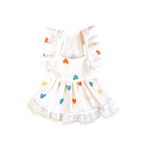QWINEE Cute Heart Pattern Dog Dress Ruffle Trim Princess Dress Cat Vest Dress Lace Trim Summer Dress Pet Clothes for Small Medium Cats Dogs Kitten Puppy Yellow S