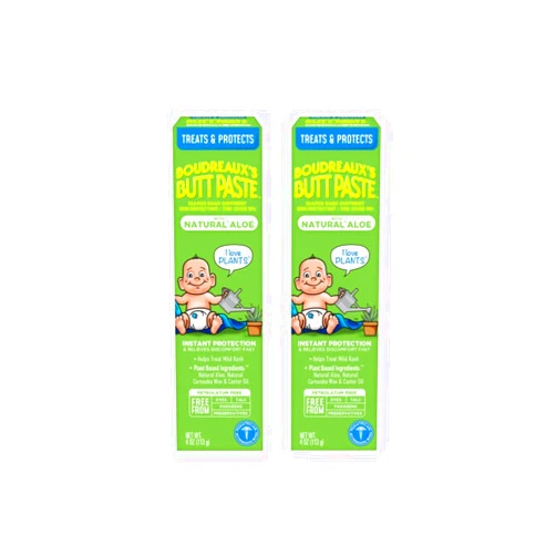 Boudreaux's Butt Paste with Natural* Aloe Diaper Rash Cream, Ointment for Baby, 4 oz Tube, 2 Pack