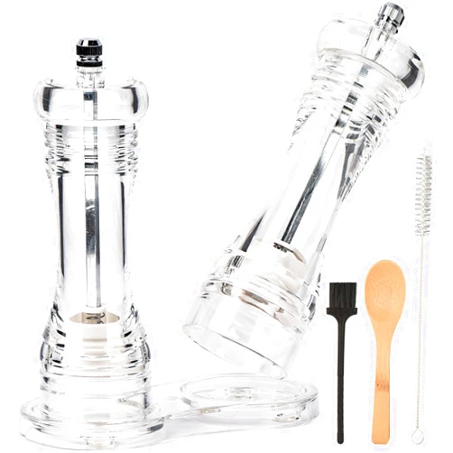 JOYCEMALL 6.5 inch Clear Acrylic Salt and Pepper Grinder Set, JOYCEMALL Set of 6 Refillable Sea Salt Pepper Grinder with Ceramic Grinding Rotor - Pepper and Salt Mill, Standing Tray, 2 Cleaning Brush, Spoon