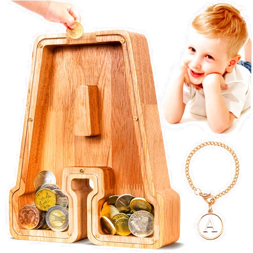 SummiDate Wooden Letter Piggy Bank for Kids| Piggy Bank for Boys Girls Toddler| Alphabet A Money Bank| Wood Coin Bank Personalized Birthday Easter Gifts for Kids (A)