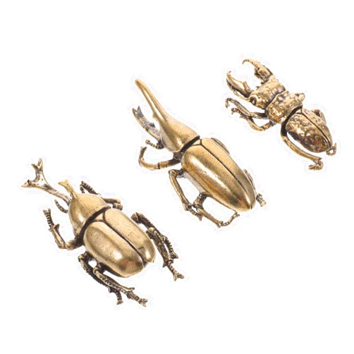 HOOTNEE 3Pcs Brass Beetle Figurines Desktop Ornament Decor for Home and Office Unique Tea Pet Statues Featuring Beetle and Rhinoceros Beetle