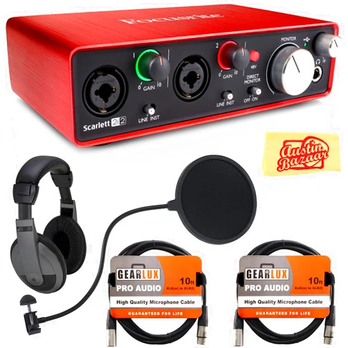 Focusrite Scarlett 2i2 USB Audio Interface Bundle with Headphones, Pop Filter, 2 XLR Cables, and Austin Bazaar Polishing Cloth