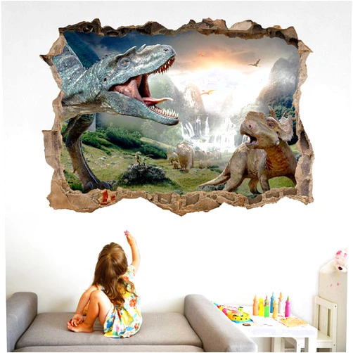 BOSUE SLLXG 3D Dinosaur World Wall Decals Kids Wall Stickers Peel＆Stick Tyranosaurus Home Decor Dinosaur Break Through The Wall Art Murals for Kids Teen Nursery Bedroom Living Room Bathroom Decor