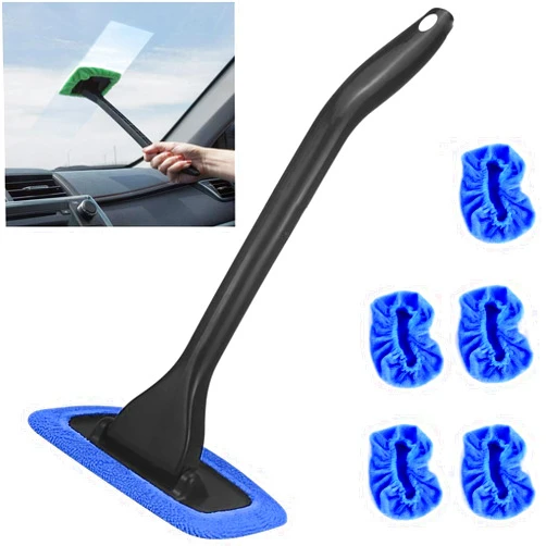 POPDA Windshield Cleaning Tool Windshield Cleaning Wand Auto Window Cleaner with 5 Pieces Reusable Cloth Pads for Car Interior, Dirty Car Washing Brushes for Cleaning Dirt and Grime from Windscreen (Blue)