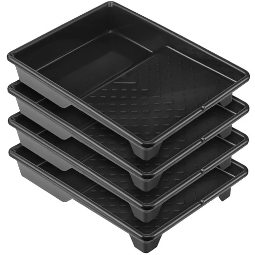 Barydat 4 Pcs 9 Inch Paint Tray Plastic Tray with Deep Paint Pockets and Textured Ridge Heavy Duty Paint Roller Tray with Sturdy Legs Home Improvement Paint Supplies for 9 Inch Roller Brushes, Black