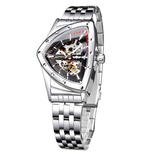 FORSINING Skeleton Watches for Men, Automatic Mechanical Watch with Triangle Dial, Luminous Self Winding Watches Stainless Steel Bracelet or Soft Silicone Strap