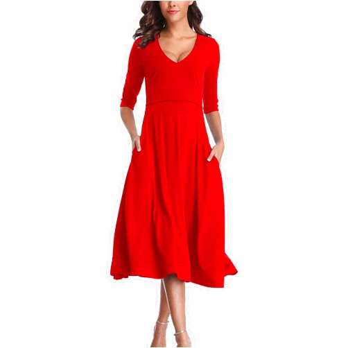 8QIDA Women's Spring and Summer Evening Dress Sexy Deep V Mid Sleeved Dress Ladies Knee Length Dresses