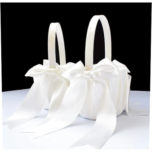 ATAILOVE 2 PCS Flower Girl Baskets Set- Cute Cherish Wedding Flower Baskets (Ivory)