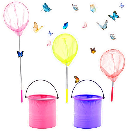 DEWEL 3 Pack Colored Telescopic Butterfly Nets for Kids Bug Insect Catching Net Extendable 34 Inches,Pop up Insect Mesh Cage,Butterfly Tweezers