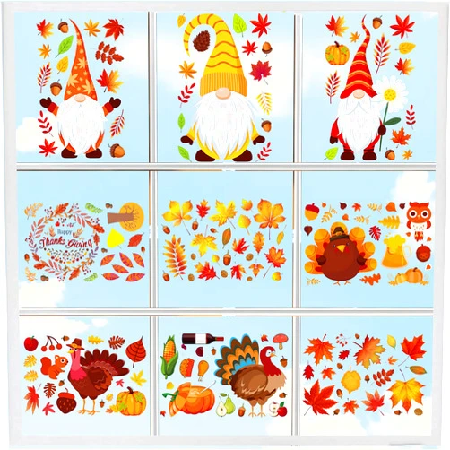 Itechpanda 9 Sheets Fall Thanksgiving Window Clings Autumn Gnome Decals Maple Leaf Window Stickers Turkey Clings for Thanksgiving Fall Home Kids Party Decorations Supplies
