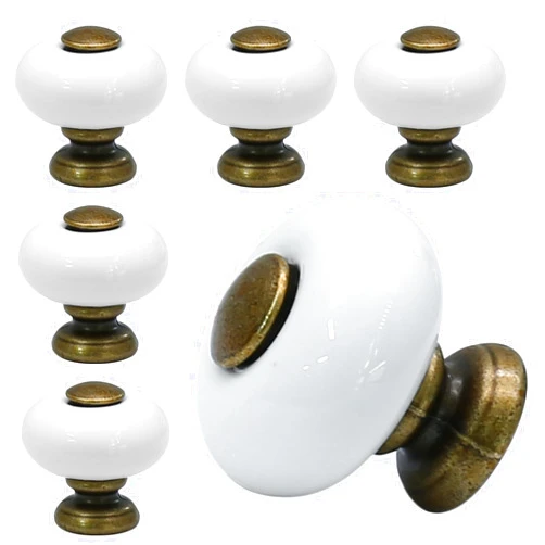 Suiwotin 6pcs White Ceramic Knobs Cabinet Knobs, Round Drawer Knobs Vintage Dresser Knobs with Antique Bronze Point & Base, Decorative Knobs Pull Handles for Closet, Cupboard (Small)