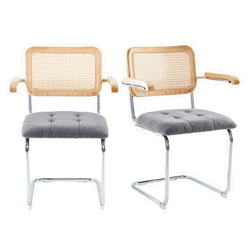 Farini Kitchen Dining Chairs Set of 2 with Armrest,Mid-Century Modern Chair Mesh Backrest Cane Rattan Chairs for Home Dining Room(Grey,Teddy Velvet)