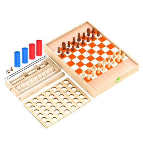 Babel of Eden 5-in-1 Wooden Board Game Set with Chess, Checkers, Shut The Box, Hockey Game Sling Puck, for Kids, Adults and Family Fun.