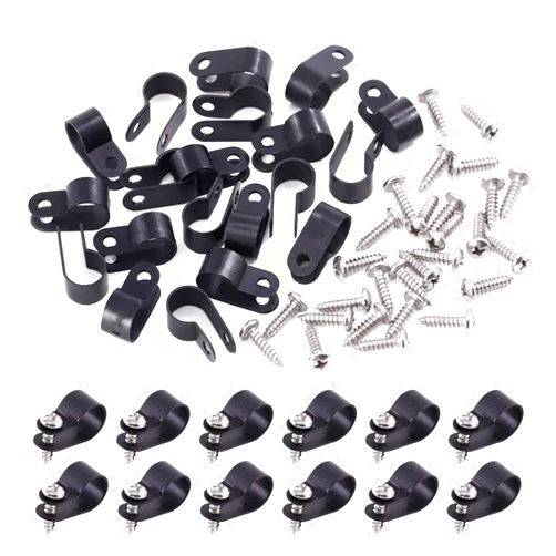 Swpeet 120 Pack Black 1/2 Inch Nylon Plastic R-Type Cable Clips Clamp Kit, Nylon Screw Mounting Cord Fastener Clips with 120 Pack Screws for Wire Management (1/2 Inch, Black)