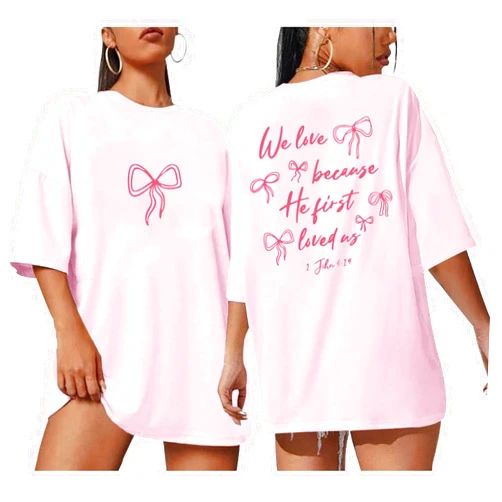 Reuseket Christian Faith Bow Shirts for Women Cute Coquette Shirt Jesus Religious Tshirts Bible Verse Oversized Graphic Tee