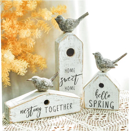 Synovana 3 Pcs Birdhouse Shaped Wooden Table Decor with Bird Ornament, Rustic Farmhouse Spring Decor for Shelf Mantel Desk Decoration, Housewarming Gift, Hello Spring, Nest Together, Home Sweet Home