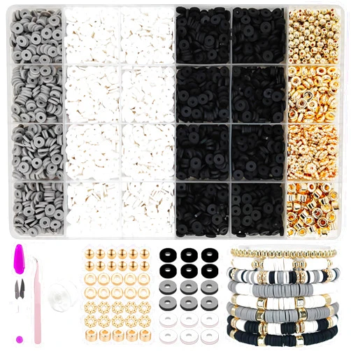 MIIIM Black and White Clay Bead Bracelet Kit, Heishi Beads, Flat Beads and Gold Spacer Beads for Jewelry Making, Friendship Bracelet Beads Kit for Crafts, Concert, Raves, Gifts