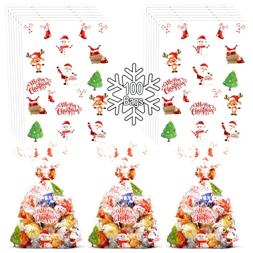 AnapoliZ Christmas Treat Bags | 100 pcs (6” x 9” Inch) | 2.5 Mil Crystal Clear Cellophane Bags with Merry Christmas Designs | Santa, Snowman Cello Bags | Christmas Party Decorations | Xmas Treat Bags