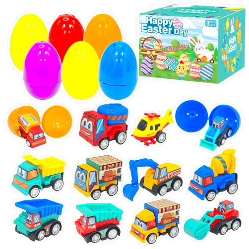 AngKng 12PCS Prefilled Easter Eggs with Pullback Construction Truck Toys, Plastic Eggs with Engineering Vehicles, Basket Fillers Egg Hunts for Kids, Classroom Party Favor for Boys