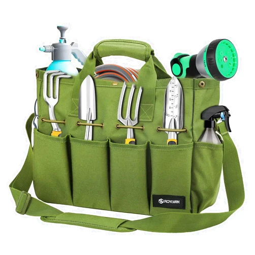Roylvan Garden Tool Bag, Gardening Tote Bag with Multi-pockets, Long Adjustable Strap Electrician Tool Bags for Men Women, Wear-Resistant Multi-Purpose Tool Bag Organizer, 14 Inch, Dark Green
