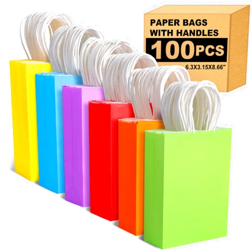 XPCARE 100 Pieces Paper Gift Bags, Kraft Paper Party Favor Bags Bulk with Handles for Kids Birthday, Baby Shower, Crafts, Wedding, Party Supplies (6 Colors)…