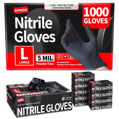 Supmedic Disposable Nitrile Exam Gloves, 5 Mil Chemical Resistant Powder-Free Food Safe Cleaning Medical Glove, Black 1000Pcs