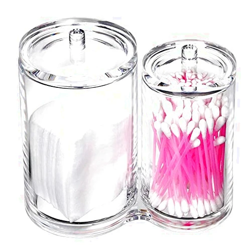 Hipiwe Clear Acrylic Cotton Swab Holder Preminm Quality Round Container Cotton Pad Q-tip Organize Case for Make Up Brush Clear Apothecary Jar