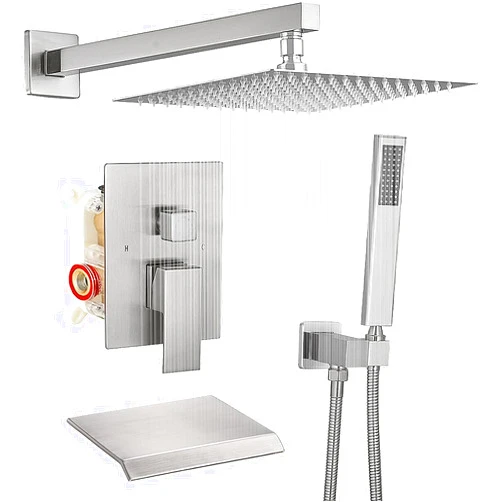 BWE 12 Inch Shower System Brushed Nickel Waterfall Faucet Tub Complete with Spout Set Square Luxury Rain Mixer Pressure Balancing 3-Function Wall Mount Rainfall Rough-in Valve Body and Trim Included