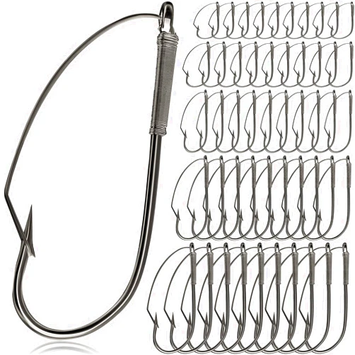 Sumind 50 Pcs Weedless Fishing Hooks Wacky Worm Hooks Wide Rig Fishing Hooks Carbon Steel Fishing Wacky Worm Bass Fish Hooks for Soft Worm Baits