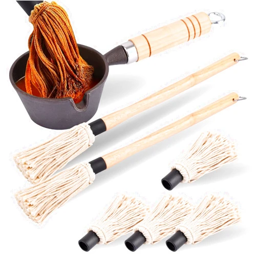 Tookie Cast Iron Sauce Pot and BBQ Mop Brush, BBQ Mop Brush 4PC Replacement Head BBQ Basting Set with Saucepan and Long Handle Brush for Grilling(brown,beige,black)
