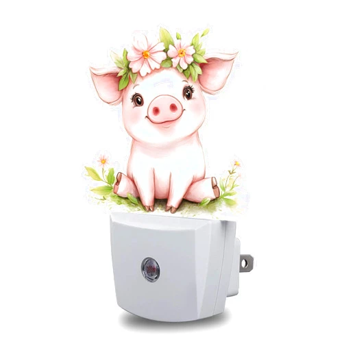 FOISIIAEA Night Lights Plug into Wall Cute Pig with Flower Crown Night Light Dusk to Dawn Smart Sensor Decorative Round Led Lamp for Bedroom Kitchen Hallway Nightlight for Women Men