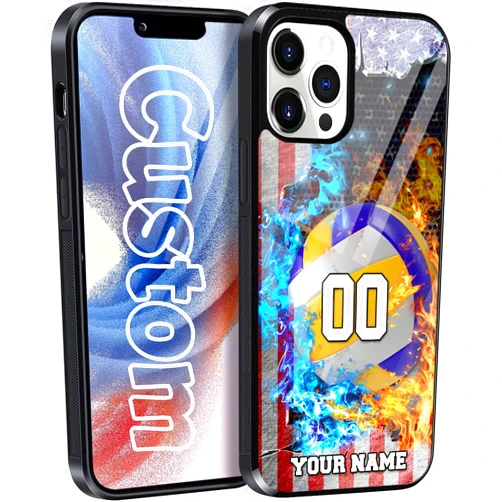 Giervtor Personalized Volleyball Gifts Volleyball America Flag Custom Name Number Phone Case for iPhone 15/14/13/12/11 Pro/Max,Samsung S24/S23/S22/S21/S20 FE/Plus/Ultra/A15/A25/A34/A14/A54/A03S/A53