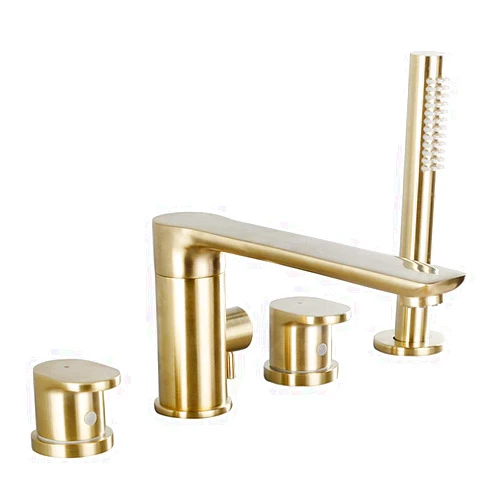 GLYYR Deck Mounted Bathtub Faucet with Handheld Shower, Brass Bathtub Faucet Shower 4 Holes Cold and Hot Bathtub Mixer Tap for Bathroom, Hotel,Gold