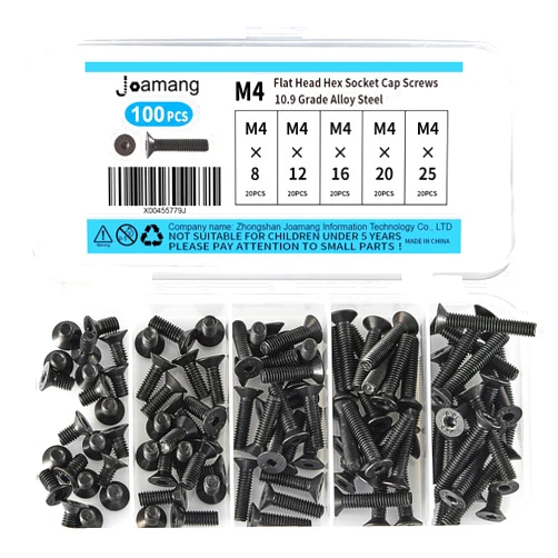 Joamang M4 x 8mm 12mm 16mm 20mm 25mm Flat Head Hex Socket Cap Screws Countersunk Bolts, 10.9 Grade Alloy Steel, Black Oxide Finish, Metric Allen Hex Drive, Fully Threaded, Assortment Kit 100Pcs