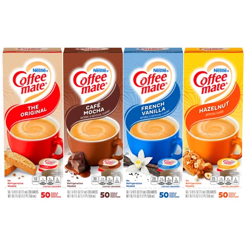 Coffee Mate Liquid .375oz, 4 Flavor Variety 200 Count including Original, Cafe Mocha, French Vanilla & Hazelnut