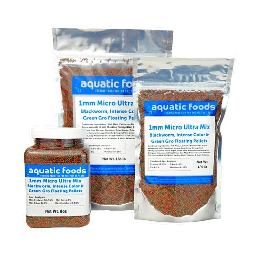 Aquatic Foods Inc. Ultra Pellet Mix of 1mm California Blackworm, Intense Color Red, Spirulina Green GRO Floating Pellets for All Small Tropical Fish & Pond Fish...1/2-lb Bag
