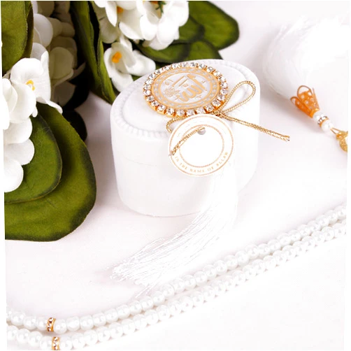Islamic Elite Favors Pack of 10 Personalized Prayer Beads Islamic Party Favors Gifts, Pearl Prayer Beads Muslim Wedding Favors in Decorated Velvet Box with Allah Sign