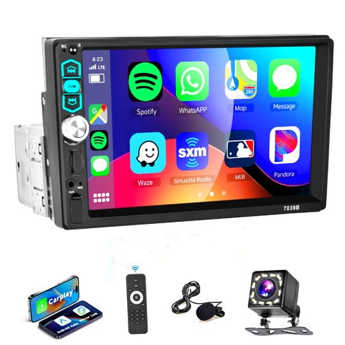 Podofo Single Din Car Stereo Apple Carplay Android Auto Bluetooth 5.1, Podofo 7 Inch HD Touchscreen Car Radio Audio Support FM Radio Android/iOS Mirror Link SWC USB/TF/Aux-in Ports+Backup Camera
