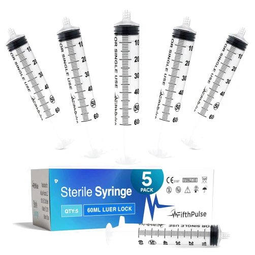 FifthPulse 60 ml Syringe without Needle - 5 Pack of Individually Wrapped Disposable Syringes - Good for Medical, Scientific Lab, Home Use, and More - Sterile Luer Lock Syringes