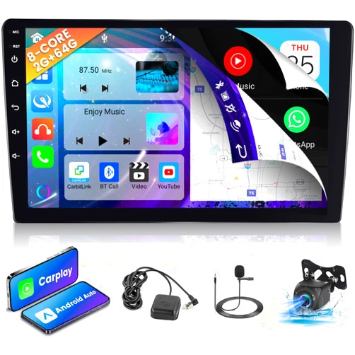 NHOPEEW [8 Core 2+64G] Double Din Car Stereo - Wireless Carplay & Android Auto - 10.1 Inch IPS 1280*720P Touchscreen Android 13 DSP Audio - 32EQ/GPS/WiFi/59UI/Voice Control/Custom Homepage + AHD Backup Camera